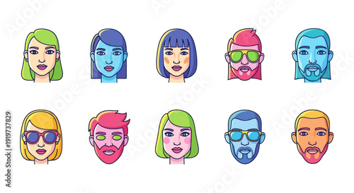 Diverse illustrated faces with bold colors