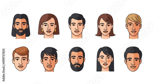 Diverse illustrated faces on white background