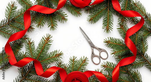 A christmas wreath is being made with red ribbon and scissors on a white surface for the holiday season