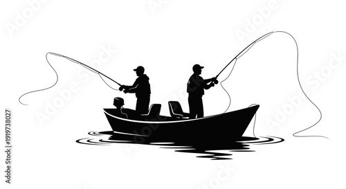 Silhouette of two fishermen casting lines from a boat on water
