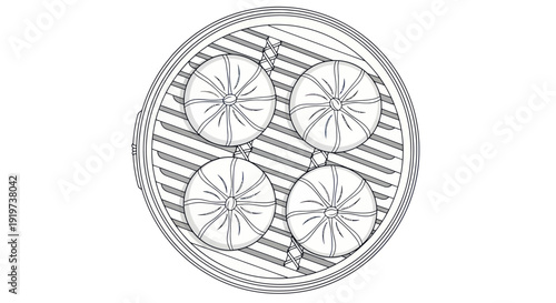 Steamed Dumplings in Bamboo Steamer Basket, Top View, Simple Line Art Illustration