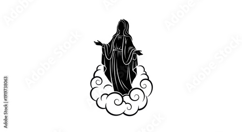 Virgin Mary Silhouette Floating on Clouds, Religious Iconography