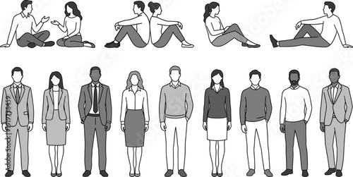 Flat vector illustration of diverse business people standing in professional attire and casual figures sitting in various poses, 192 characters