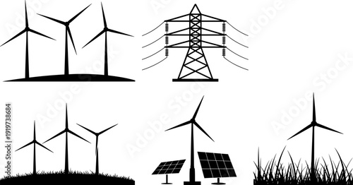 Wind turbines and power transmission tower silhouettes with solar panels, renewable energy production and sustainable electricity generation vector illustration set isolated