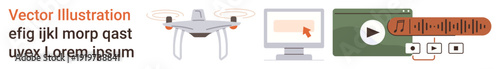 Technology, innovation, video streaming, audio tools, quadcopters, and digital interfaces. Quadcopter, computer screen and media player icons. Technology and innovation