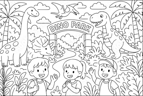 Dinosaurs Park hand drawn vector illustration doodle art line art coloring page for kids