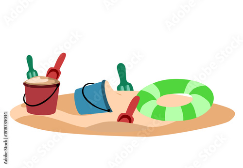 sand toys on the beach there are soccer, ball and sand bucket, vector illustration