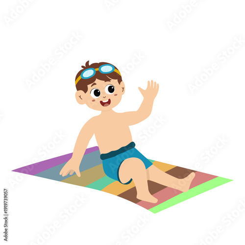 little kid sunbathing on the beach. Kid wearing swimming suits and rings. child spending holidays in seaside or swimming pool