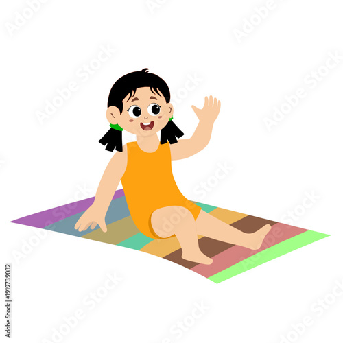 little kid sunbathing on the beach. Kid wearing swimming suits and rings. child spending holidays in seaside or swimming pool