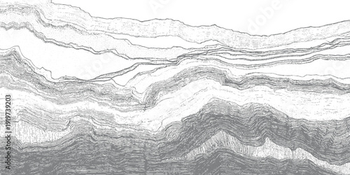 Intricate grey and white layered geological strata with stippled texture and wavy lines abstract pattern