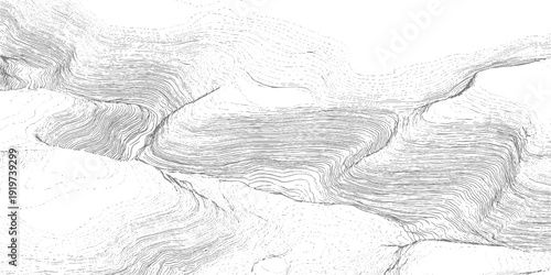 Intricate grey contour lines depicting topographical map of rolling hills and valleys terrain