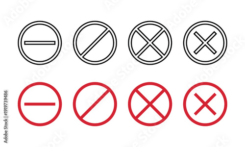Prohibition Ban Cancel No Entry Cross Slash Minus Circle Signs Red Black Outline Vector