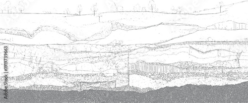 Cross section of layered earth and rolling hills with trees layers soil