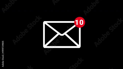 1 To 10 Unread Mail Notification Alert Animation With White Line Email Icon On Isolated Black Background