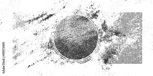 Black and white distressed textured background with concentric circles and vertical lines grunge