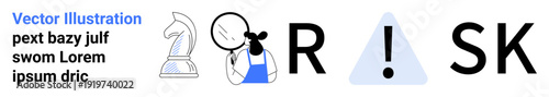 Strategic planning, risk assessment, decision support, analysis tools, caution, problem-solving. Chess piece, magnifying glass triangle with exclamation mark and text RISK. Strategic planning