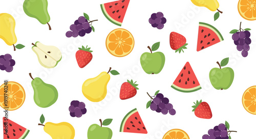 Seamless pattern of colorful summer fruits, including watermelon, orange, grapes, apple, strawberry, and pear