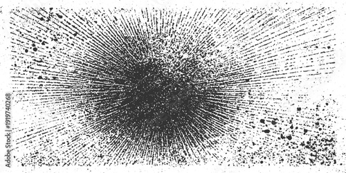Black ink splatters and radial lines on white textured background abstract