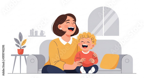 Happy mother and child laughing together on a couch in a cozy living room with modern furniture