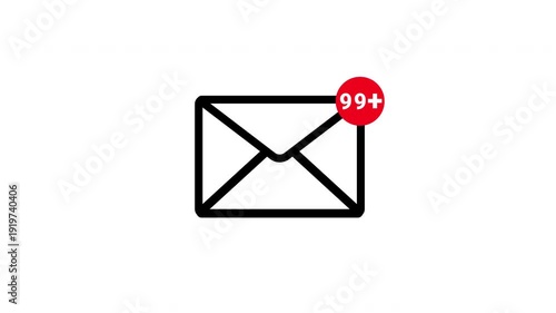 1 To 99+ Unread Mail Notification Alert Animation With Black Line Email Icon On Isolated White Background