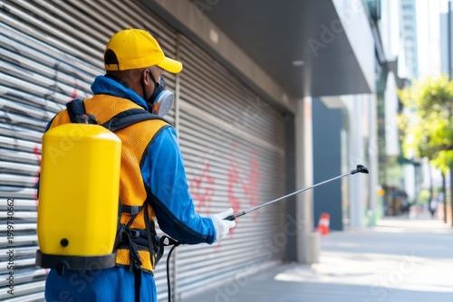 Sanitation Staff Member Removing Graffiti from Wall