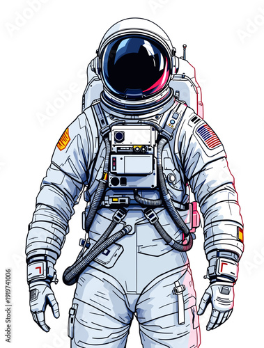 A detailed illustration of an astronaut in a white spacesuit, ready for a mission in outer space.