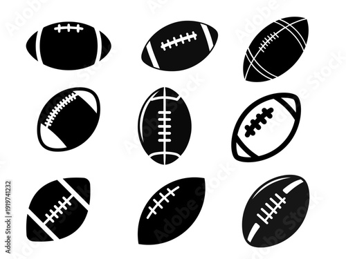 Rugby Ball Silhouette Sports Equipment Vector Icon Set