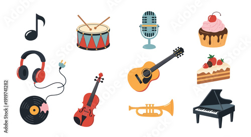 Musical instruments and desserts illustration