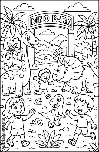 Dinosaurs Park hand drawn vector illustration doodle art line art coloring page for kids