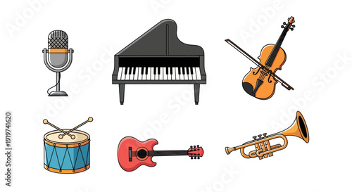 Musical instruments set isolated on white
