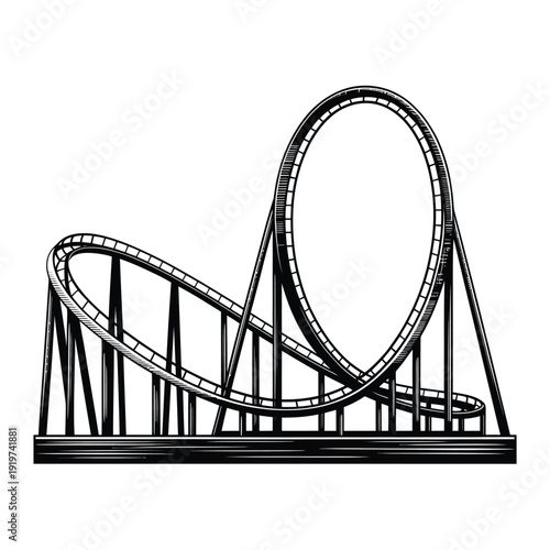 Detailed illustration of a looping roller coaster track in black and white