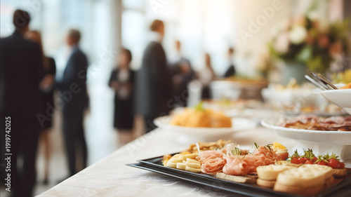 Closeup view of people networking during conference catering break elegant food and drink setup on table business attire visible minimal background with