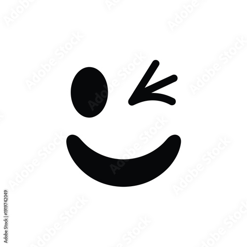 Simple black and white illustration of a winking smiley face icon