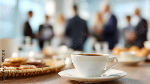 Wallpaper Mural Closeup of business coffee break at corporate event professionals networking around meeting table with refreshments and pastries hands holding coffee cu Torontodigital.ca