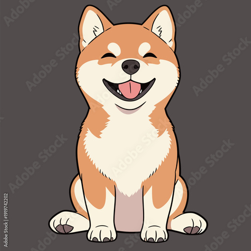 A Shiba Inu dog is sitting with a wide smile. The dog's fur is orange and white. The background is dark, making the dog stand out.