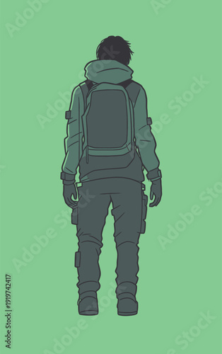 A figure faces away from the viewer wearing a backpack and gloves in front of a solid green background.