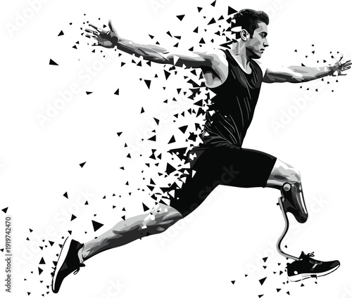 Abstract black and white vector illustration of a running paralympic athlete with prosthetic leg jumping with dispersion effect