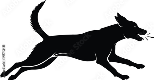 Black silhouette of a fast running dog with open mouth and wagging tail isolated on white background vector illustration