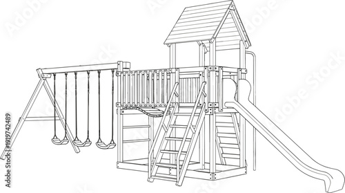 Detailed line art illustration of a wooden outdoor playground playset featuring a swing set, slides, climbing ladder, and a playhouse tower for backyard and park concepts
