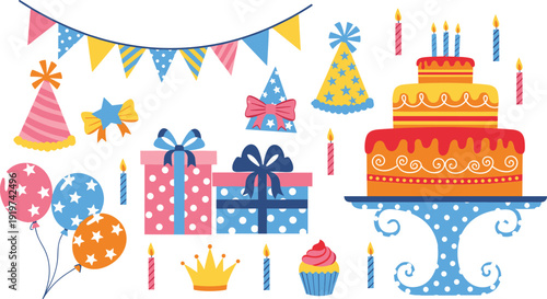 Vibrant birthday party vector set with three-tiered cake, balloons, and gifts in flat style.