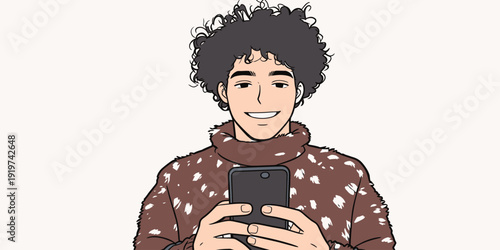 A young man stands in a relaxed spot and smiles as he looks at his smartphone while wearing a cozy sweater.