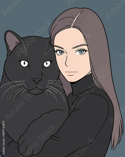 A woman stands with a big black cat in her arms. They both face the viewer with a neutral expression in a plain setting.