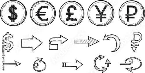 Hand-drawn sketch set of global currency coins including Dollar, Euro, Pound, Yen, and Ruble with various financial growth and transaction arrows for banking and economy concepts
