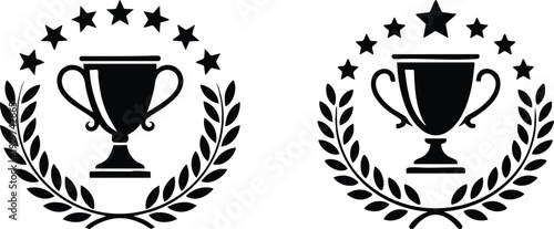 Two Variations of a Championship Trophy with Laurel Wreath and Stars, Monochrome Graphic Set: Victory, Success, and Award Emblems, vector, illustration, silhouette.