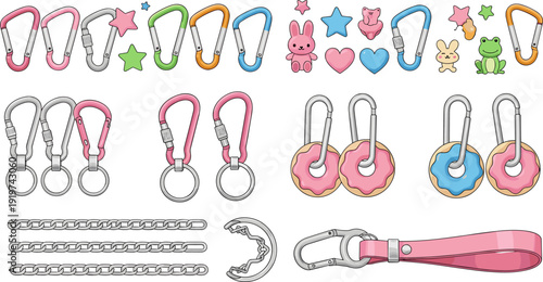 Vibrant vector set of colorful carabiners, whimsical charms, and keychain hardware in flat style.