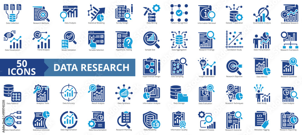 Φωτογραφία data research icon set flat style illustration