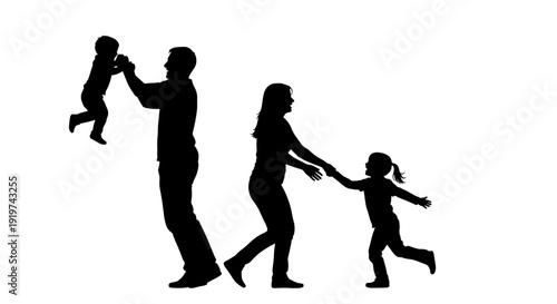 Family Silhouette Walking with Children Together.