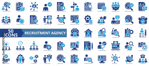 recruitment agency icon set flat style illustration. containing interview scheduling, candidate vetting, staff augmentation, applicant tracking, talent pool, resume building, job matching, firm