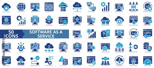 software as a service saas icon set flat style illustration. containing software, online platform, subscription model, web application, data hosting, cloud computing, remote access, login system