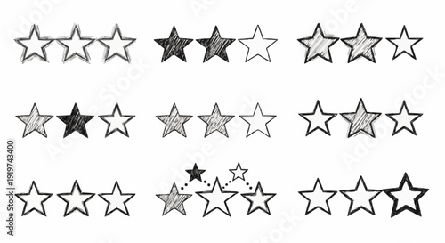 Five star rating icons in hand-drawn sketch style, imperfect pencil texture, creative feedback symbol collection, vector illustration, isolated background, unique artistic stock asset.